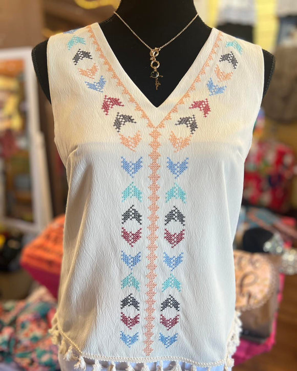 Apricot Tassel Trim Tank Top