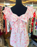 Pink Floral Ruffled Sleeve Bow Back Blouse