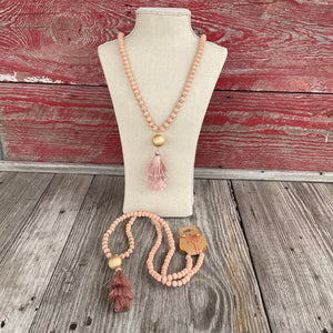 Light Tan With Gold Ball and Tassel Necklace