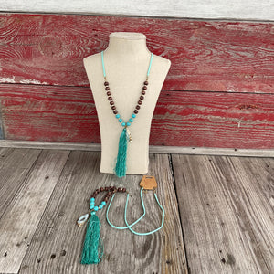 Tassel Necklace With Wood Beads & Gem